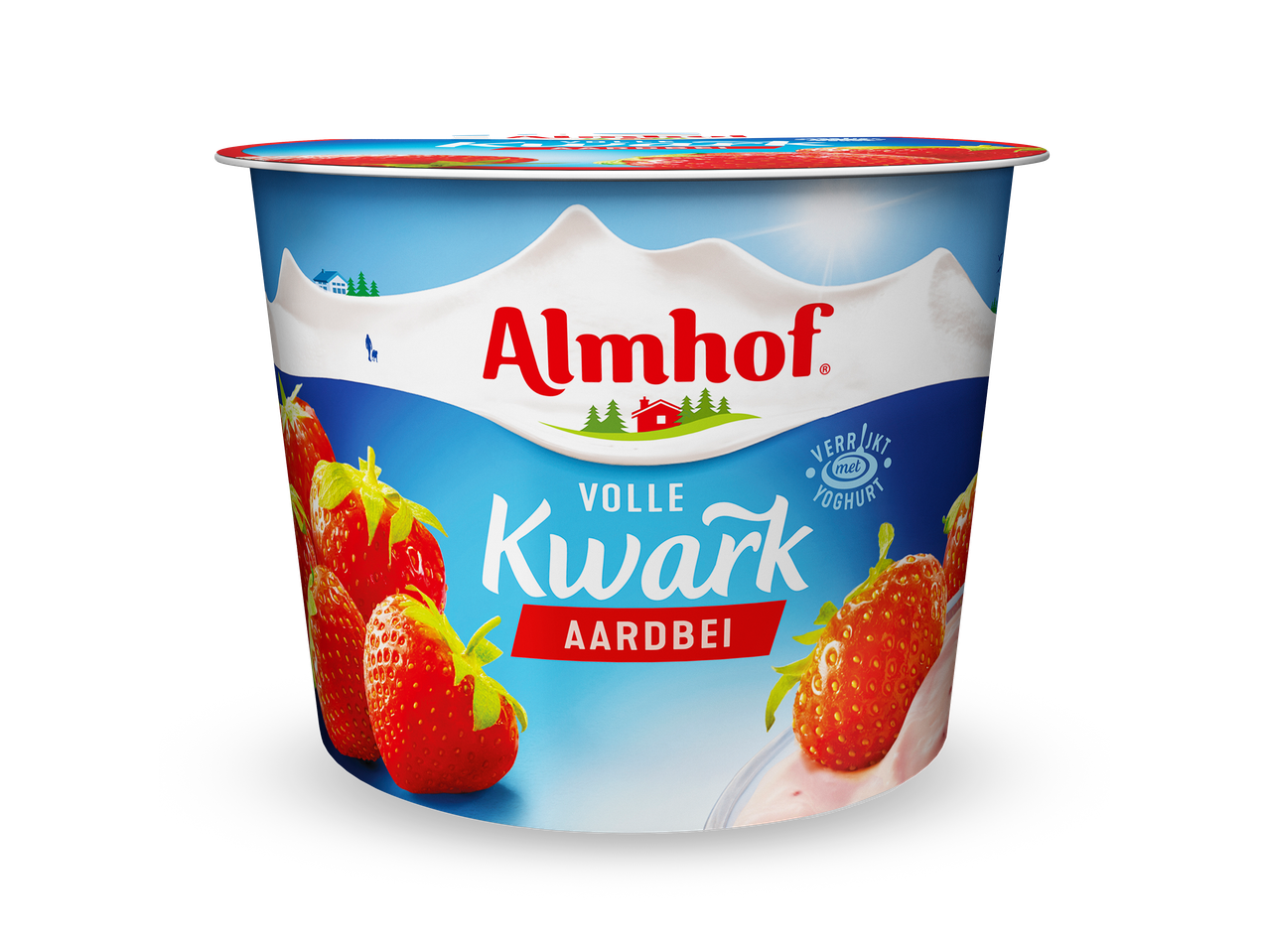 Kwartbak met aardbeien en de tekst 'Volle Kwark Aardbei', 'Verrijkt met Yoghurt'.