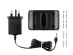 A UK power adapter, wall mount, screws, and wall plugs are shown.