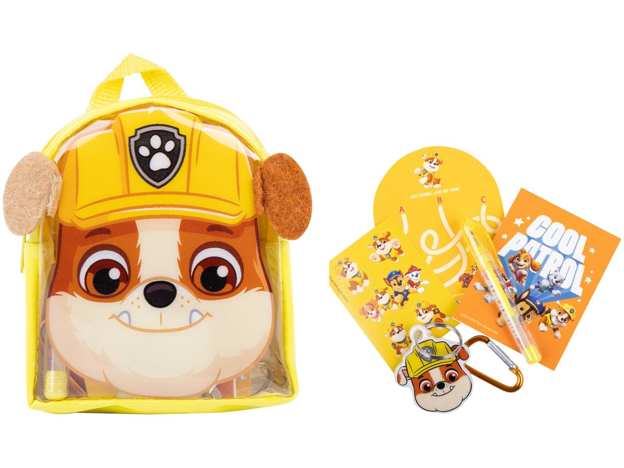 Set di cancelleria Paw Patrol con zaino di Rubble, adesivi e portachiavi.