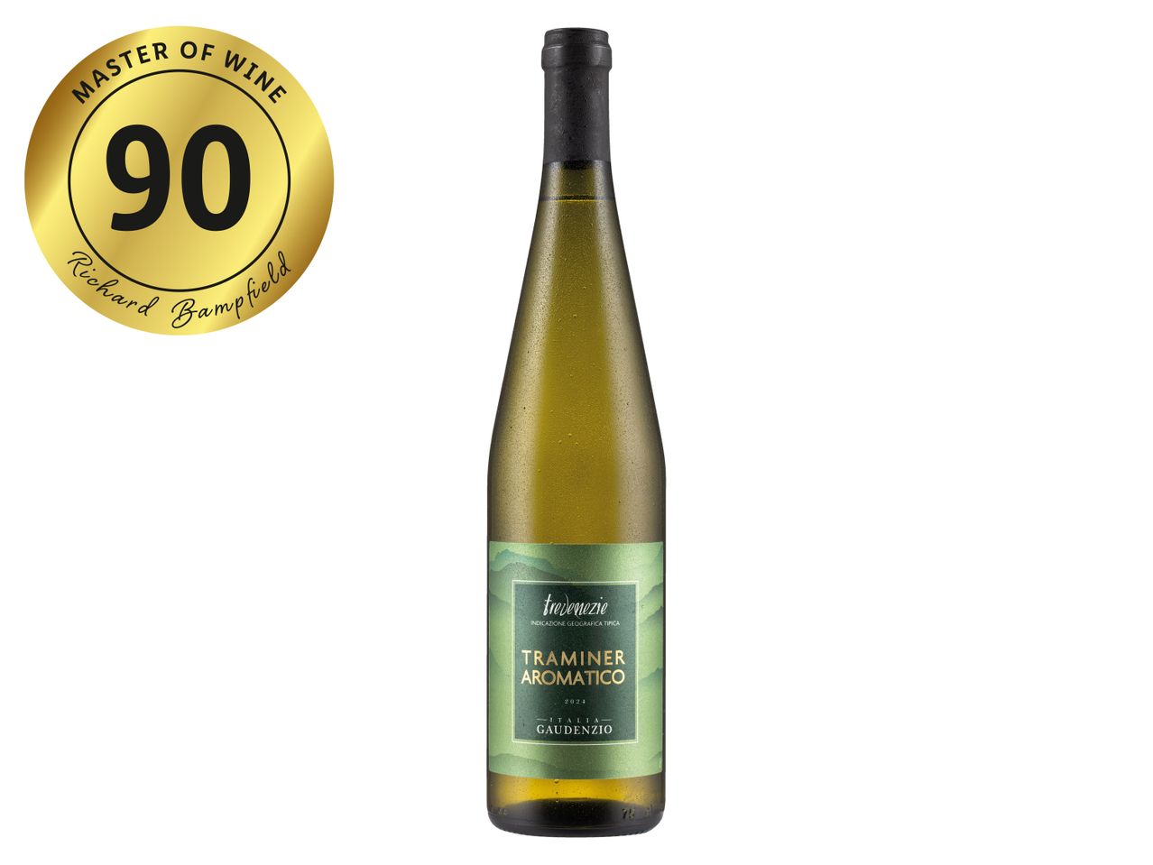 A bottle of Gaudenzio Traminer Aromatico wine with a 'Master of Wine 90' rating by Richard Bampfield.