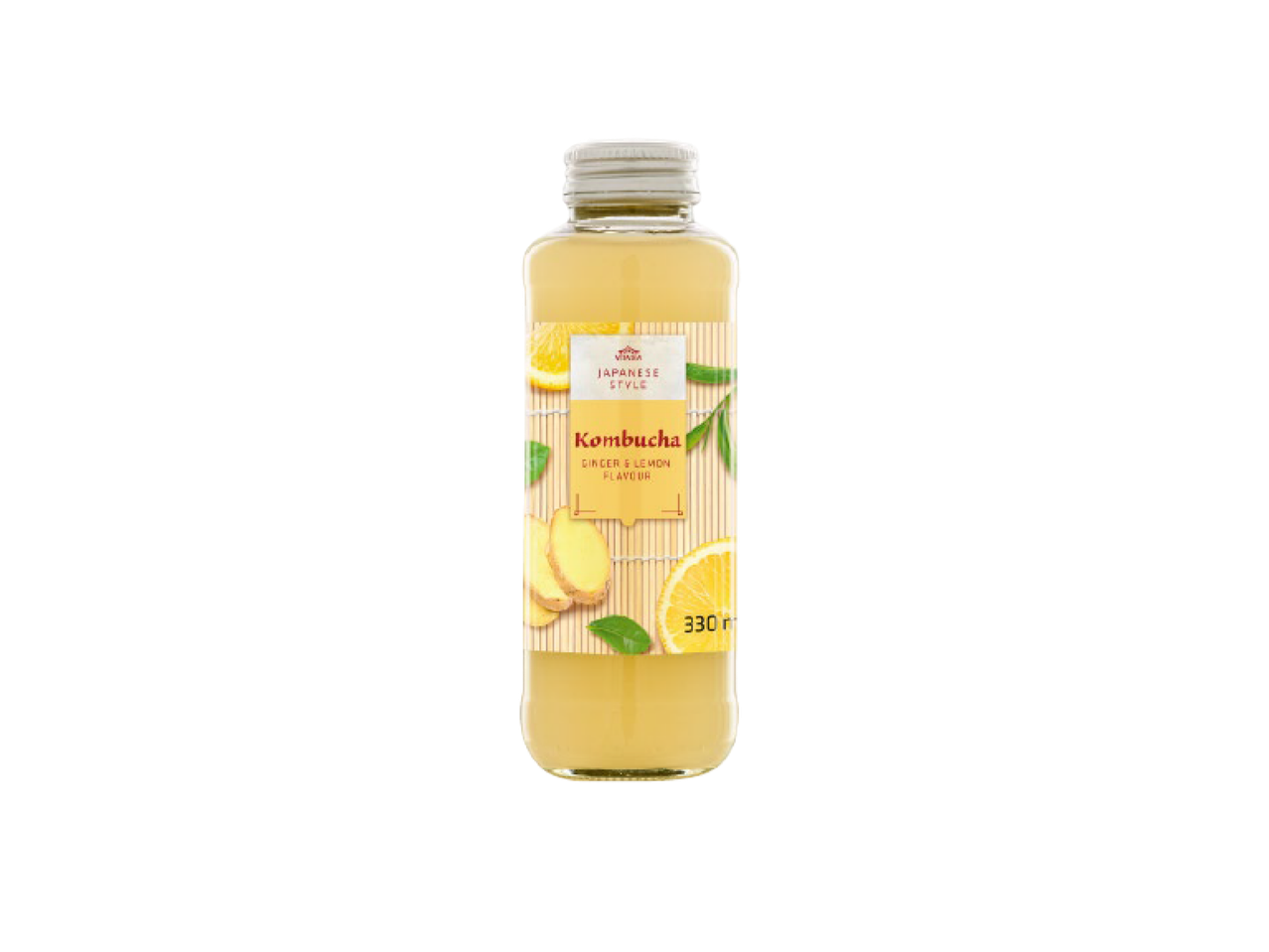 Garrafa de kombucha estilo japonês com sabor a gengibre e limão, 330 ml.