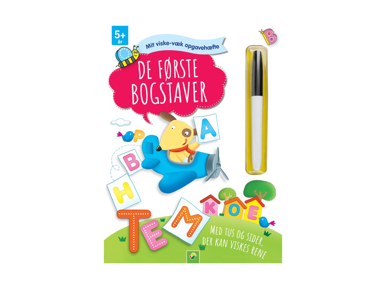 Børnebog med pensel til at øve bogstaver.