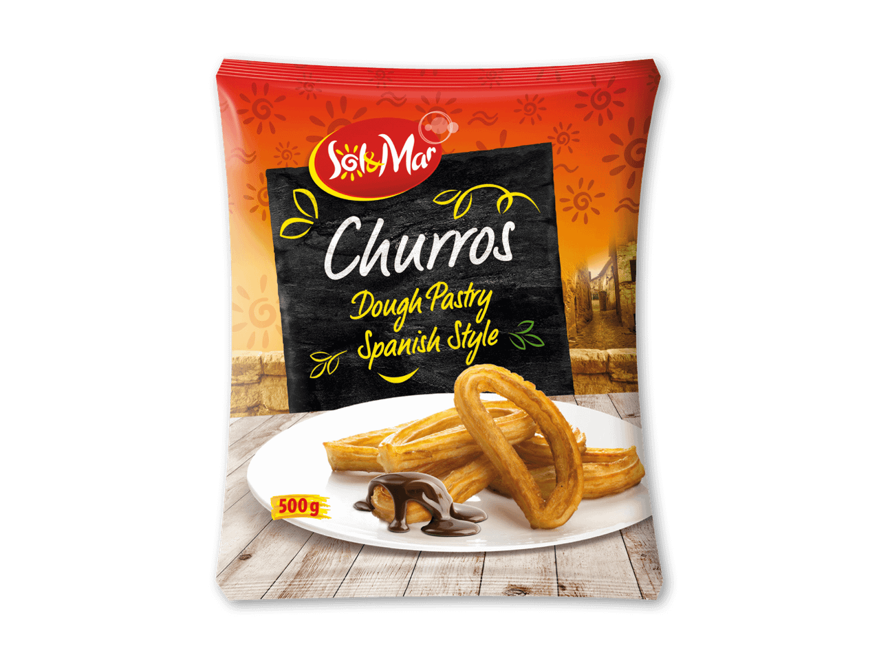 Churros-pakke med spansk-inspireret design, der viser churros med chokoladesauce på en tallerken.