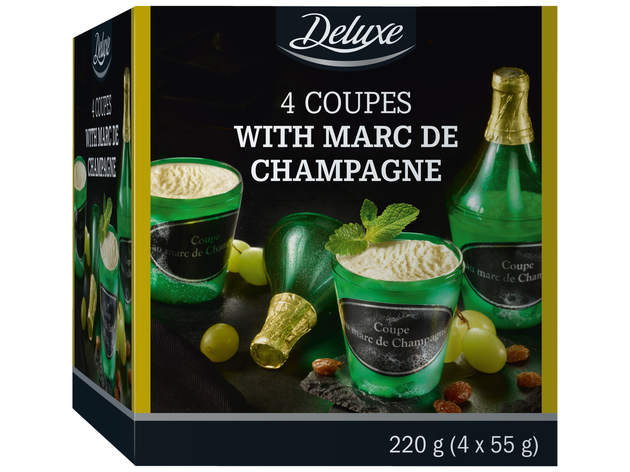 Deluxe 4 Coupes ar Marc de Champagne desertu, 220 g (4 x 55 g).
