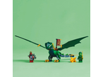 Lego Ninjago green dragon, two minifigures, and a small yellow creature on a green background.