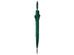 A closed green umbrella standing upright.