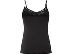 Black women's camisole with lace trim and adjustable straps.