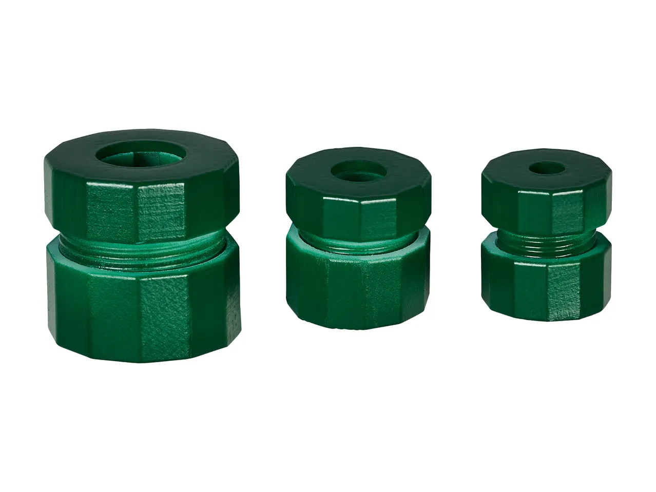 Three green compression fittings of varying sizes, arranged horizontally.