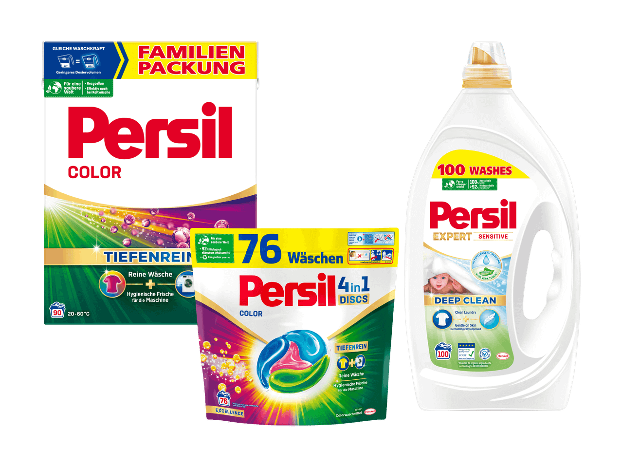 Drei verschiedene Waschmittelprodukte: ein Pulver, Pods und ein Flüssigwaschmittel.