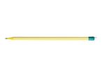 A yellow and white striped pencil with a teal eraser on a white background.