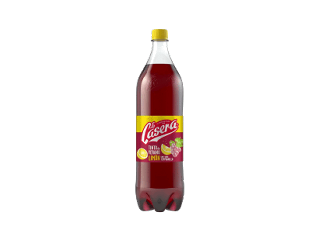 Garrafa de refrigerante de limão e uva com rótulo amarelo e vermelho.