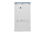 Transparent vacuum storage bag with blue zipper and valve, showing usage instructions.