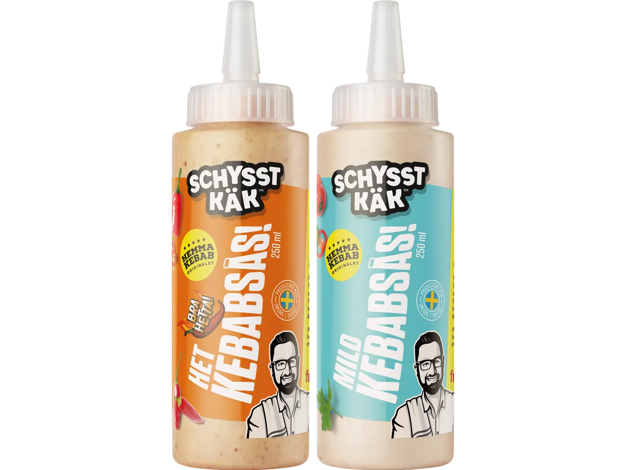 Två flaskor Schysst Käk kebabsås, en het och en mild.