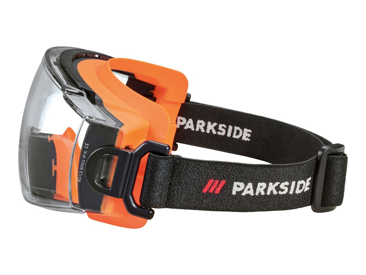 Parkside safety glasses with an orange frame and black adjustable strap.