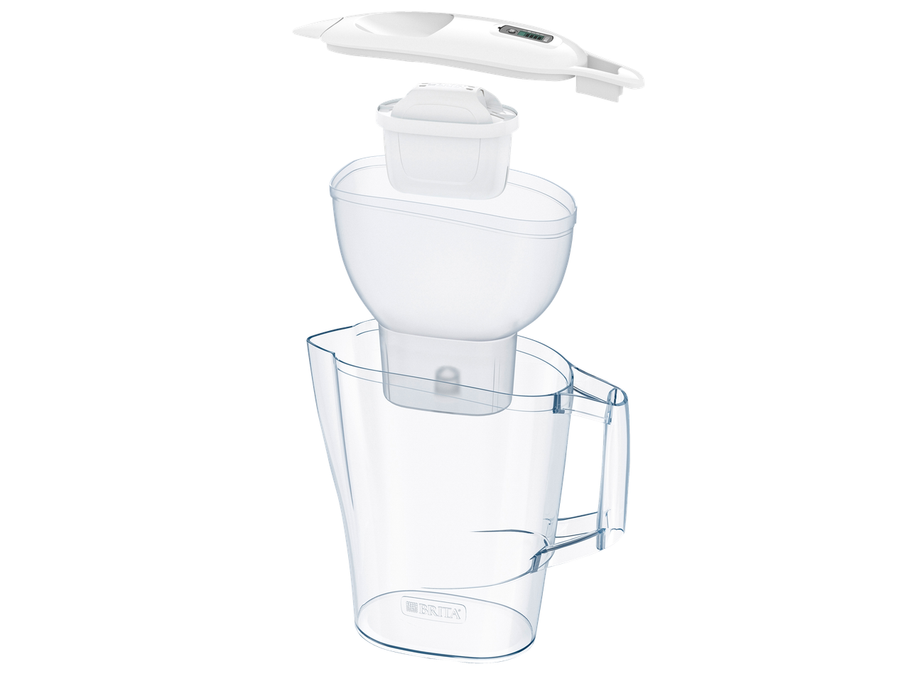 Exploded view of a Brita water filter pitcher showing its components.