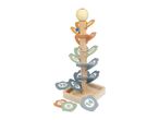 Wooden marble run with numbered leaf-shaped tracks and marbles, on a white background.
