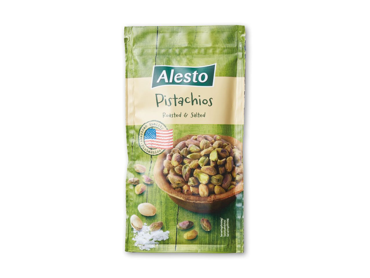 En pose Alesto pistacienødder, ristede og saltede, med en skål pistacienødder og salt.