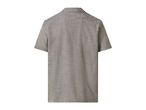 Back view of a men's short-sleeved collared shirt in a textured light brown fabric.