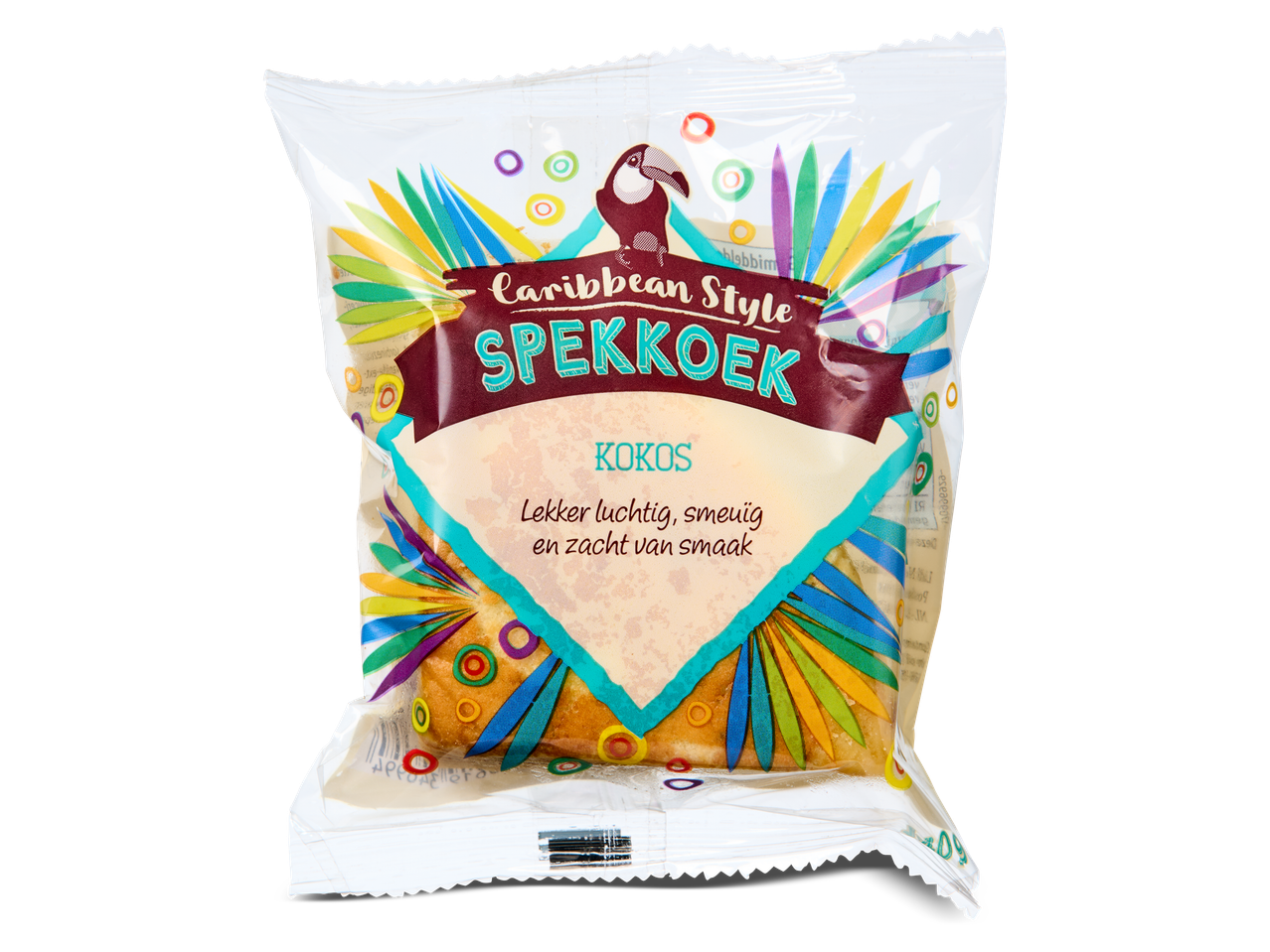 Verpakking met spekkoek met kokossmaak, luchtig, smeuïg en zacht van smaak.