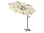 Cream-colored cantilever parasol with a dark gray frame and cross base.