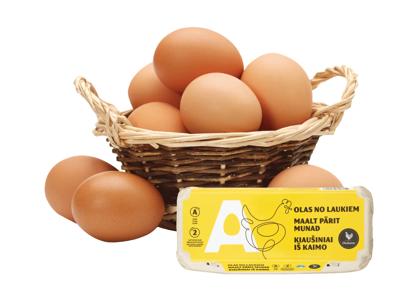 Kiaušiniai krepšyje ir pakuotėje su užrašu „Olas no Laukiem“.
