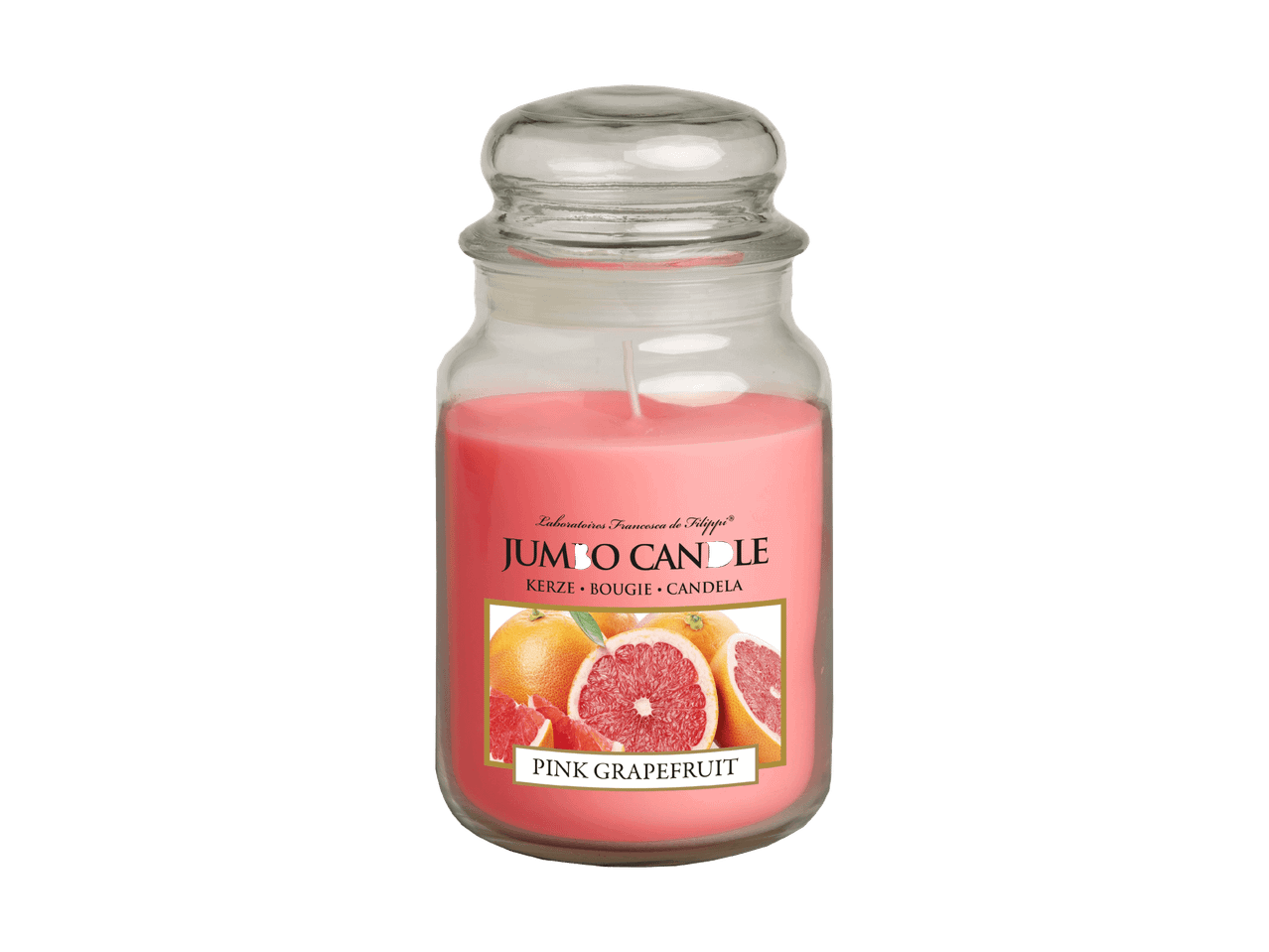 Duftkerze mit rosa Grapefruit in einem Glasgefäß mit Deckel.