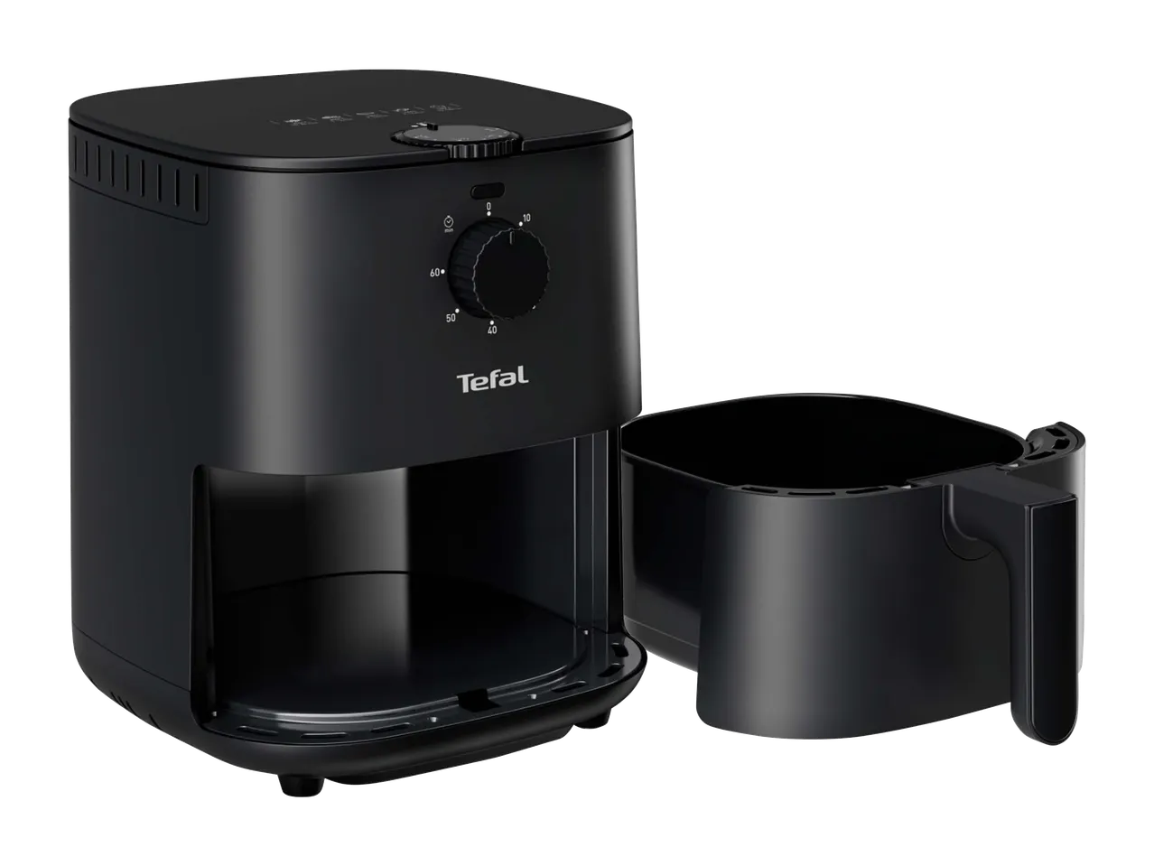 Musta Tefal-ilmakeitin, jossa on ulosvedetty kori, mustalla taustalla.