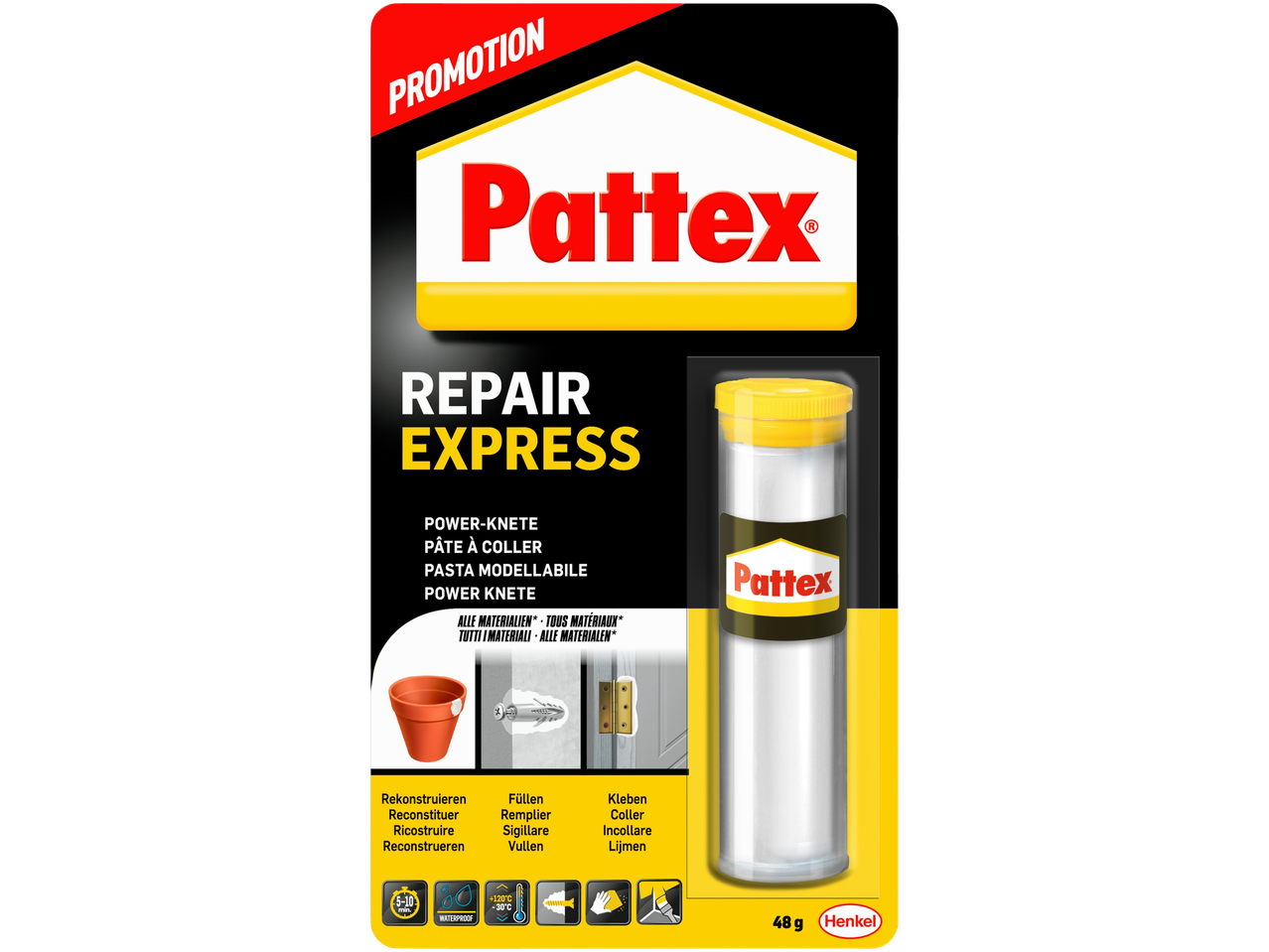 Pattex Repair Express Power Kneedpasta voor het reconstrueren, vullen en lijmen van diverse materialen.