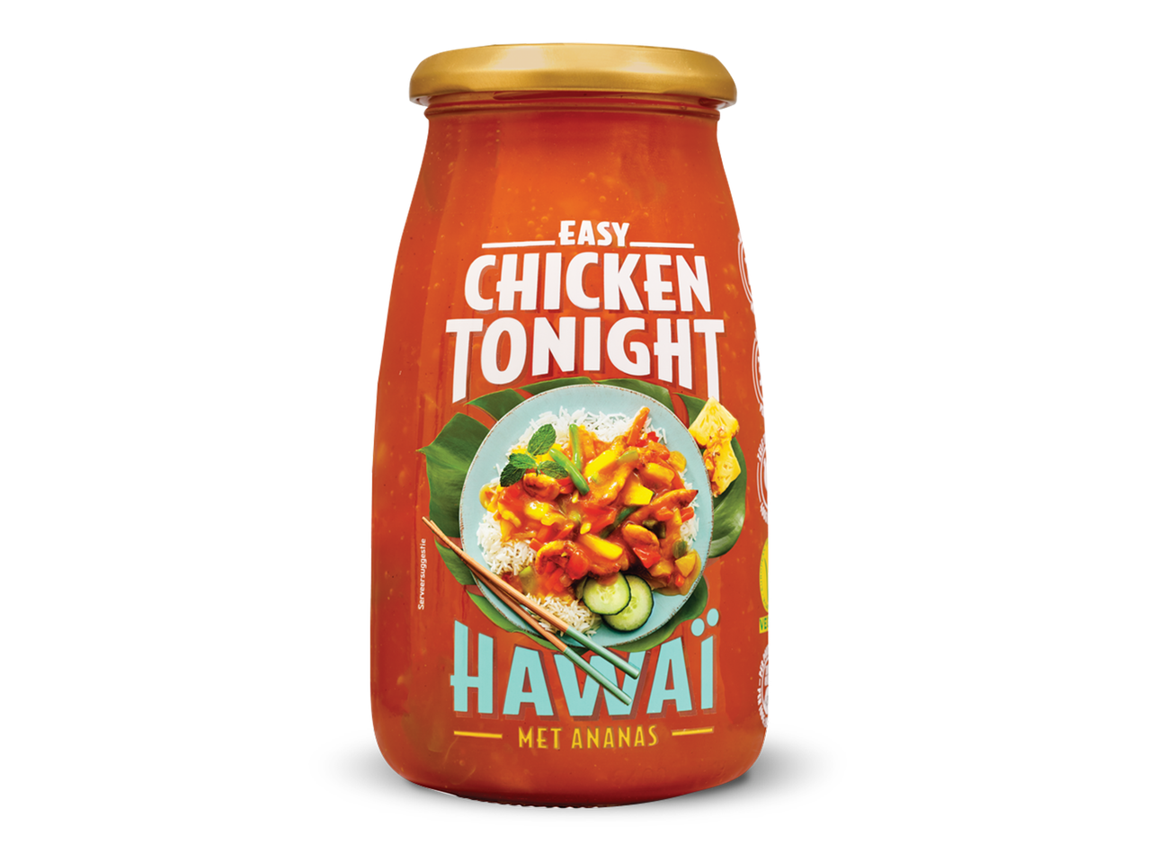 Een pot Easy Chicken Tonight Hawaï met ananas, met een afbeelding van een gerecht.