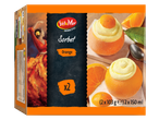 Sinaasappelsorbet in sinaasappelschillen, met flamencodanseres en productdetails.