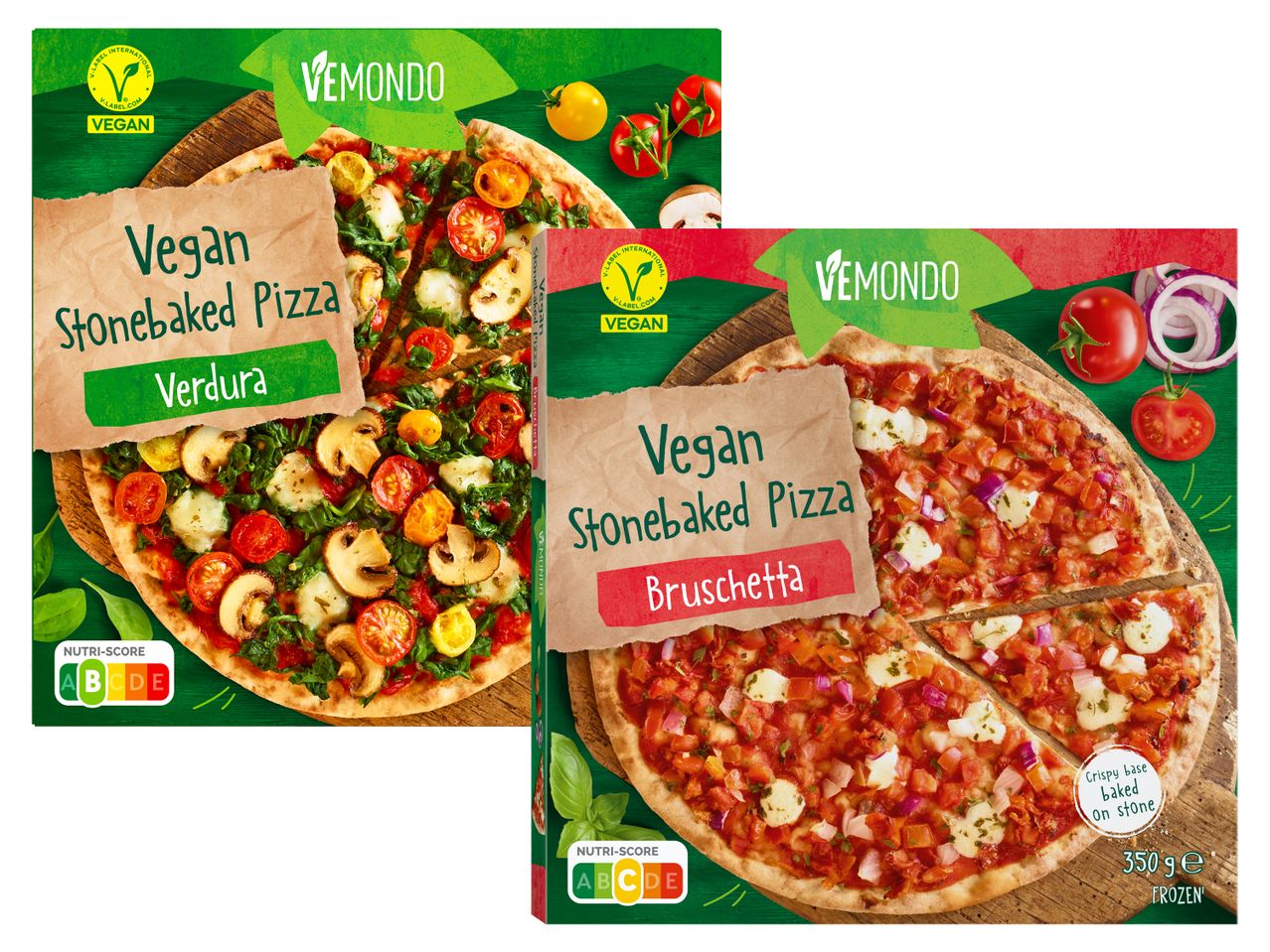 Zwei Packungen vegane Steinofenpizza von Vemondo, eine Sorte 'Verdura' und eine Sorte 'Bruschetta'.