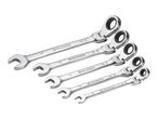 A set of five silver combination ratchet wrenches of various sizes.