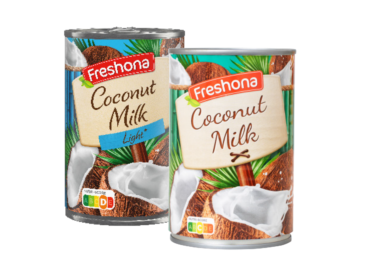 Kaks purki Freshona kookospiima, üks kerge, Nutri-Score A ja D-ga.