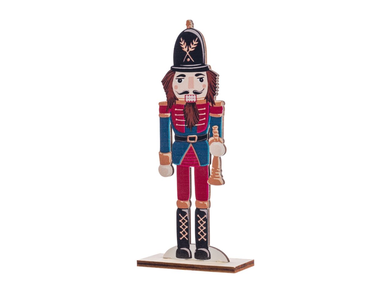 Wooden nutcracker soldier decoration in red and blue uniform