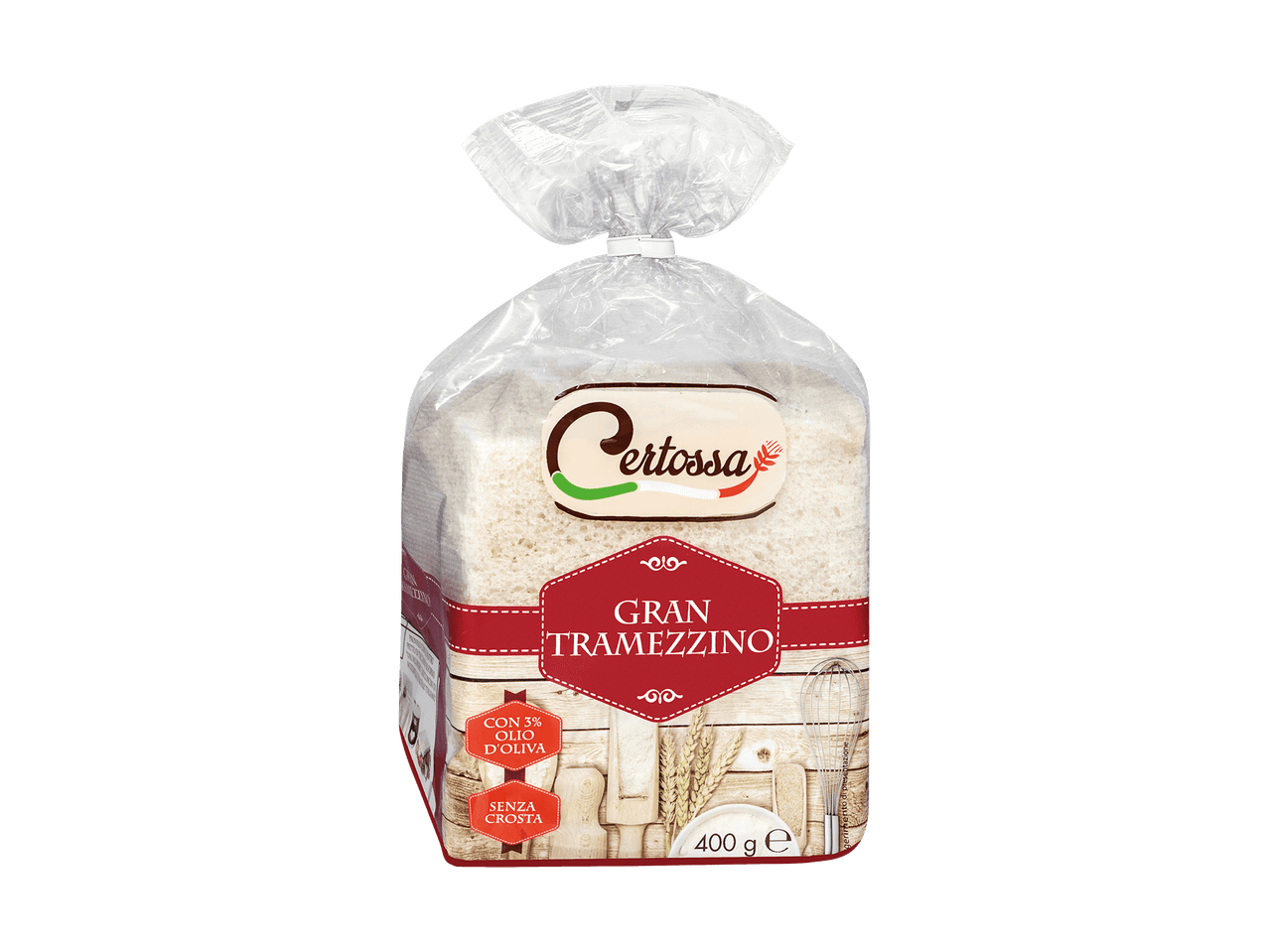 Verpackung mit geschnittenem Weißbrot, beschriftet mit 'Gran Tramezzino', 'mit 3% Olivenöl' und 'ohne Kruste'.