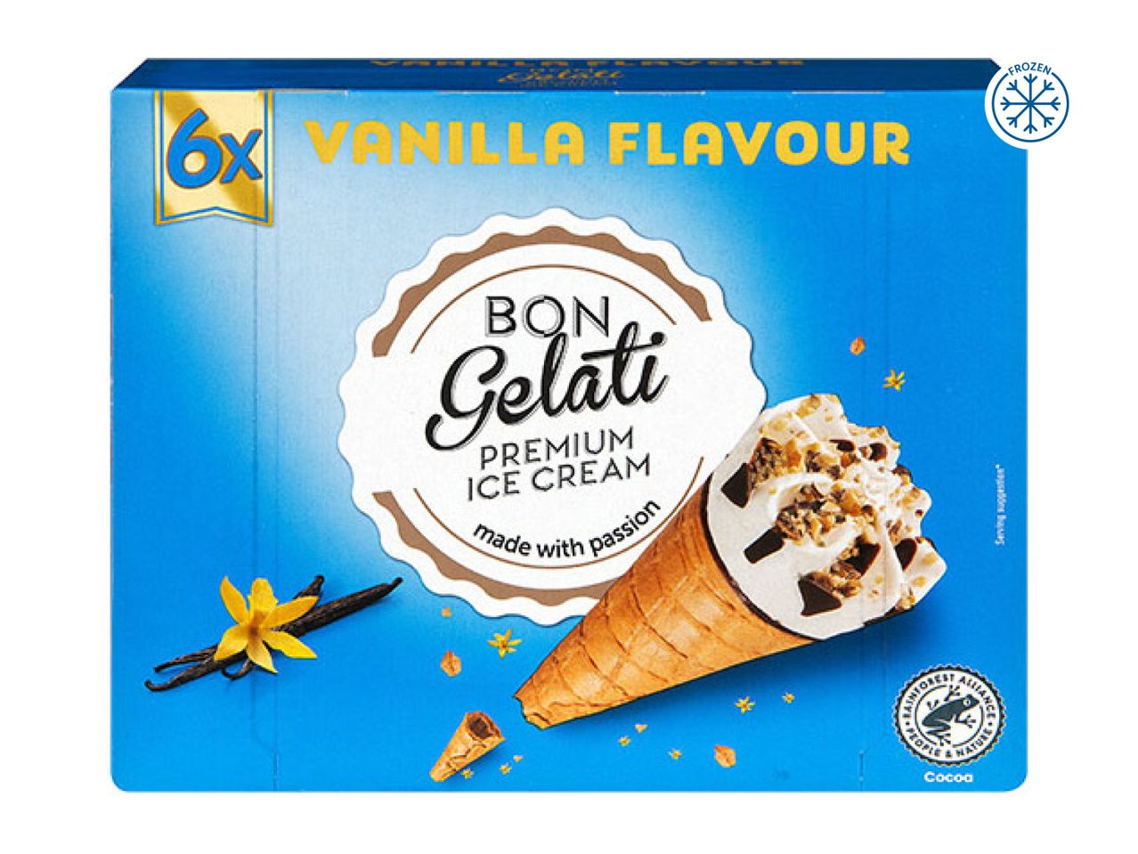 Box of 6 vanilla ice cream cones, premium ice cream made with passion, frozen.