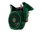 Green and black portable fan with a red button and red accents.