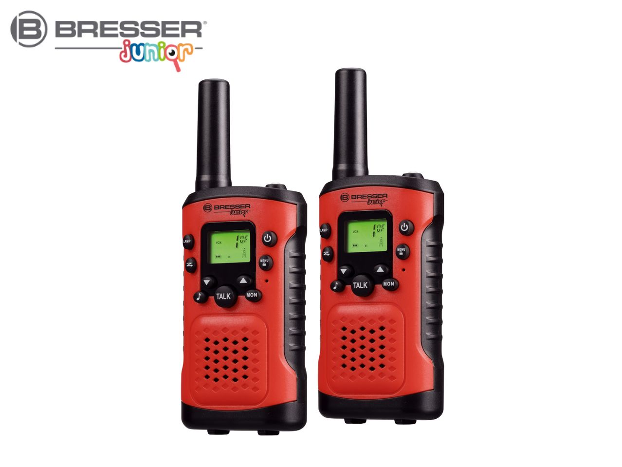 Two red and black walkie-talkies with screens and buttons, for children.
