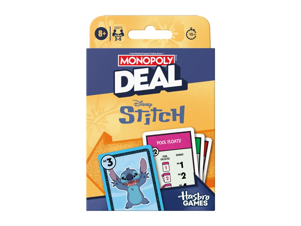 Monopoly Deal card game featuring Disney's Stitch, with cards showing Stitch and game details.