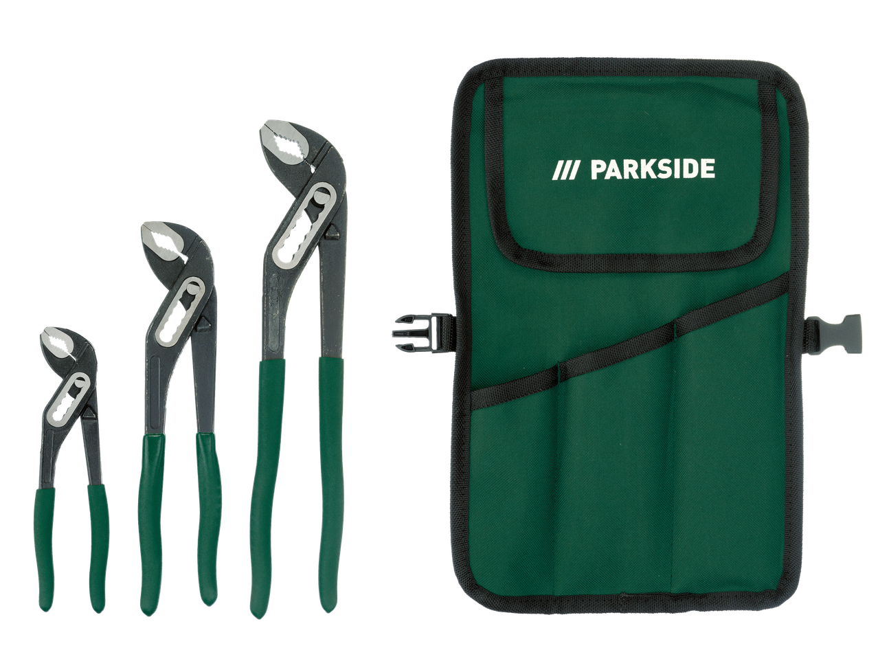 Conjunto de três chaves ajustáveis e uma bolsa de armazenamento verde.