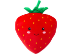 A plush strawberry with a smiling face.