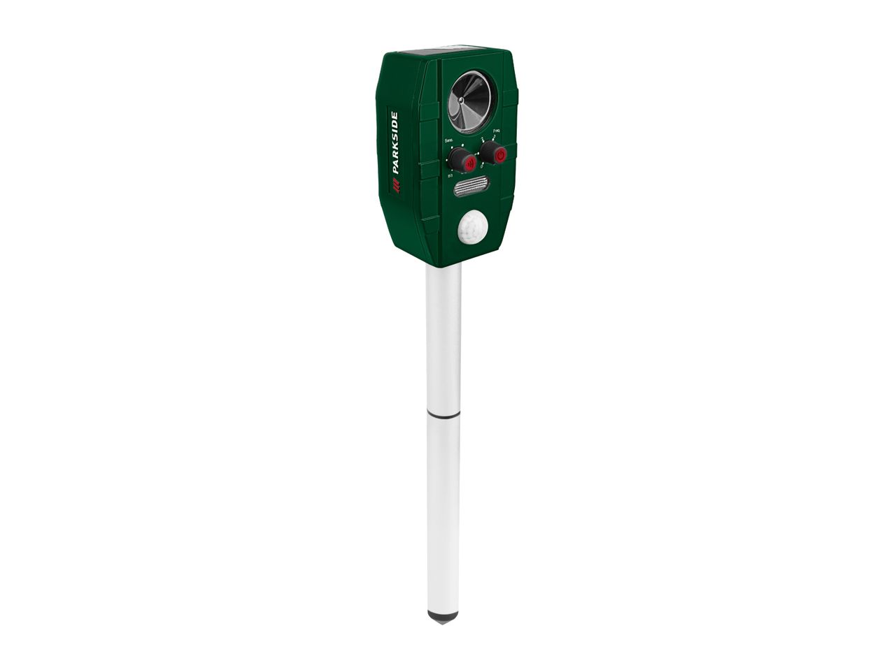Green animal repeller with a solar panel and controls, mounted on a white stake.