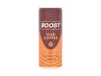 Iced coffee can with a caramel latte flavor, featuring a brown and orange design.