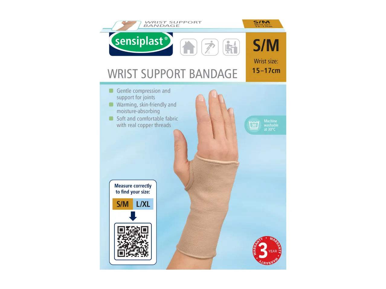 Sensoplast wrist support bandage packaging with product features and sizing information.