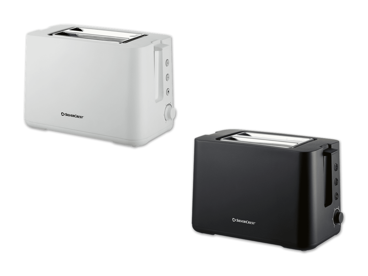 Zwei Panasonic Toaster, einer weiß, einer schwarz.