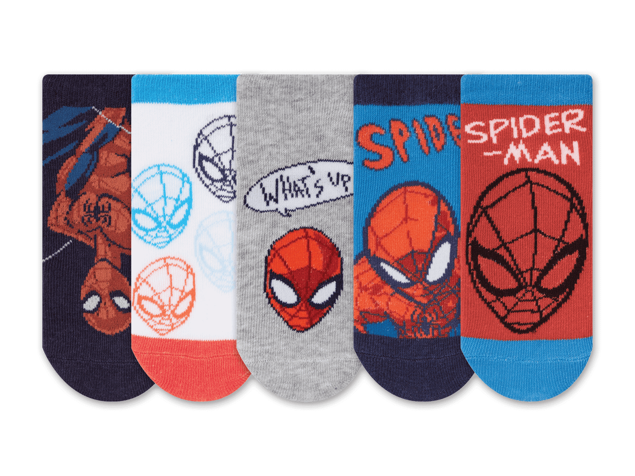 Fünf Paar Spiderman-Socken für Kinder.