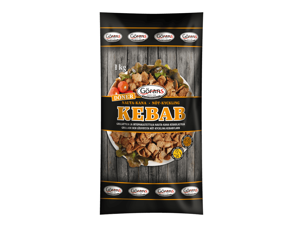 Görans Kebab -pakkaus, jossa on 1 kg grillattua nauta-kana- ja nauta-broilerikebabia.