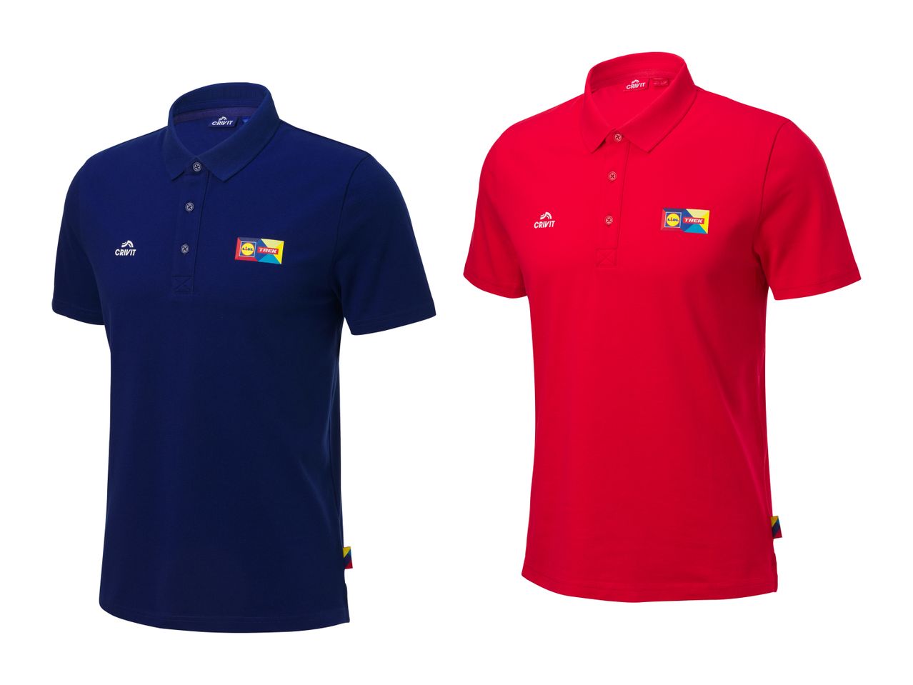 Dve kriket majici s kratkimi rokavi, modra in rdeča, z logotipom Lidl Trek.
