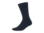 A single dark blue sock, standing upright on a white background.