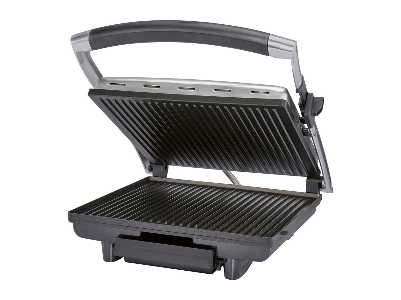 A black and silver contact grill is open, displaying its ridged grilling plates.